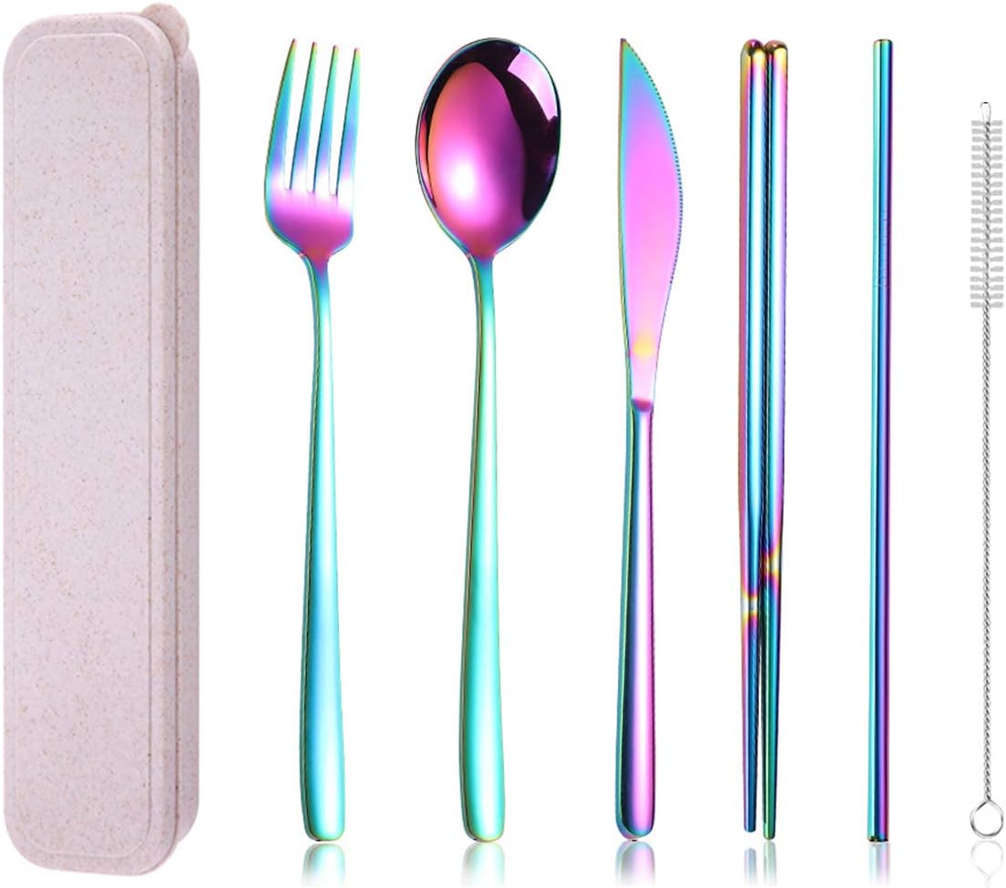 AARAINBOW 6 Pieces 18/8 Stainless Steel Flatware Set Portable Reusable Cutlery Set Travel Utensils Set Including Chopsticks Knife Fork Spoon Straws