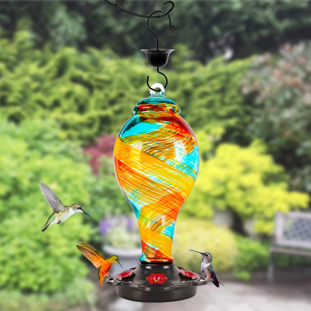 LUJII Hummingbird Feeder, Hand Blown Glass Hummingbird Feeder, Never Fade, 36 Fluid Ounces, 5 Feeding Metal Stations, Much Bigger, Garden Backyard Decorative, Containing Ant Moat (Blue)