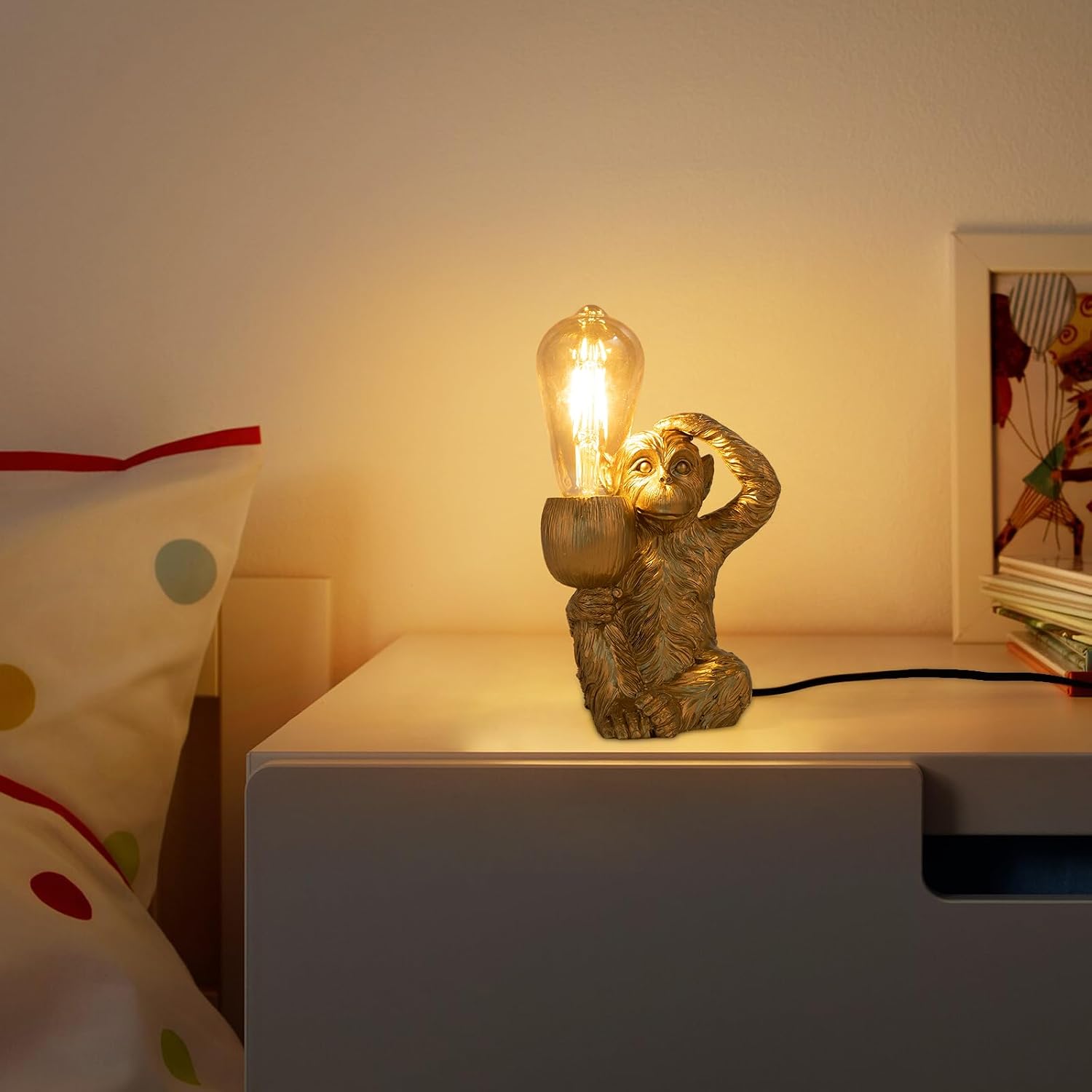 Resin Hemp Rope Monkey Table Light Retro Edison Monkey Desk Resin Sitting Monkey Lighting Fixture E27 for Dining Living Room Bedroom Bar Cafe