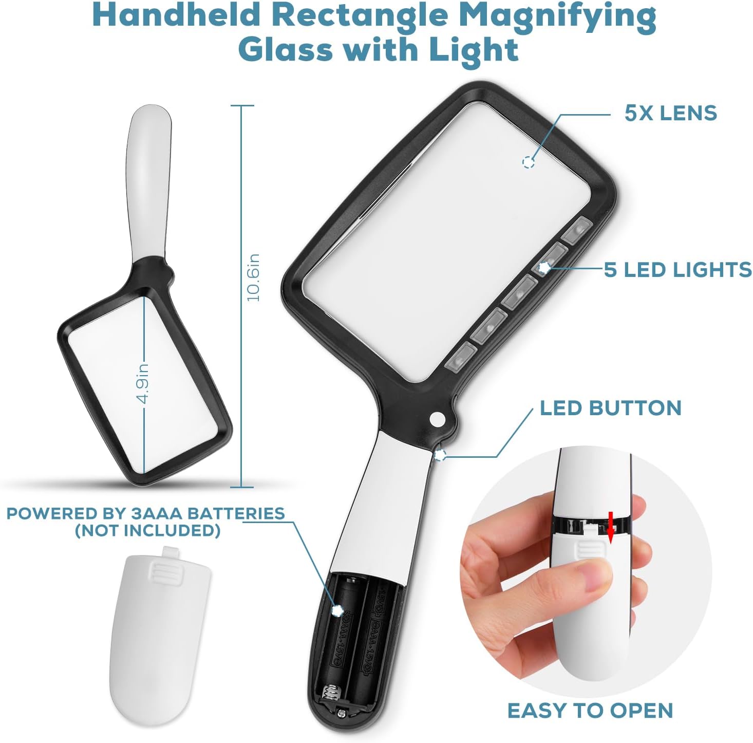Folding Handheld Magnifying Glass with Light, 5X Large Rectangle Reading Magnifier with Dimmable LED for Seniors with Macular Degeneration, Newspaper
