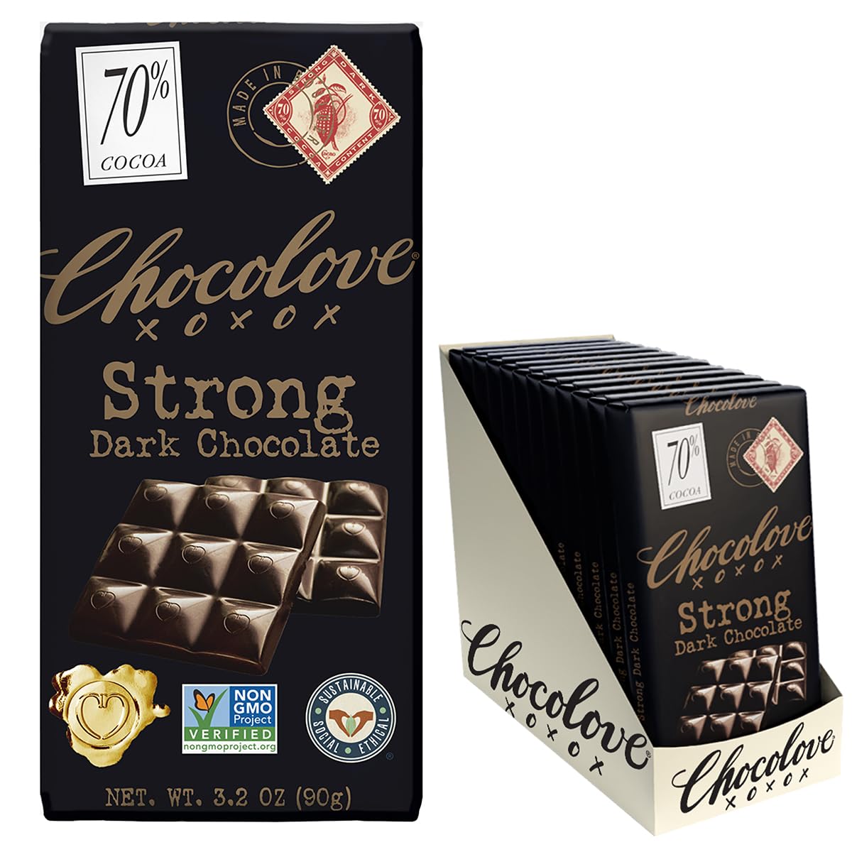 Chocolove Strong Dark Chocolate Bars | 70% Cocoa | Strong & Smooth Premium Dark Chocolate | Rainforest Alliance Certified, Non-GMO