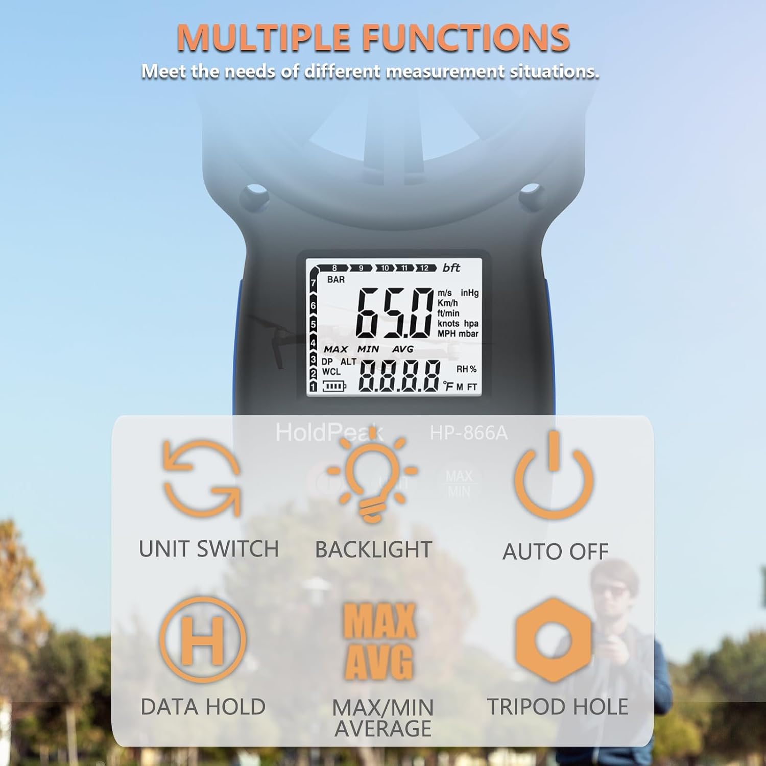 Holdpeak 866A Anemometer HVAC, Pro CFM Air Flow Meter for Wind Speed Temp Humidity Dew Point Airflow Measuring Device