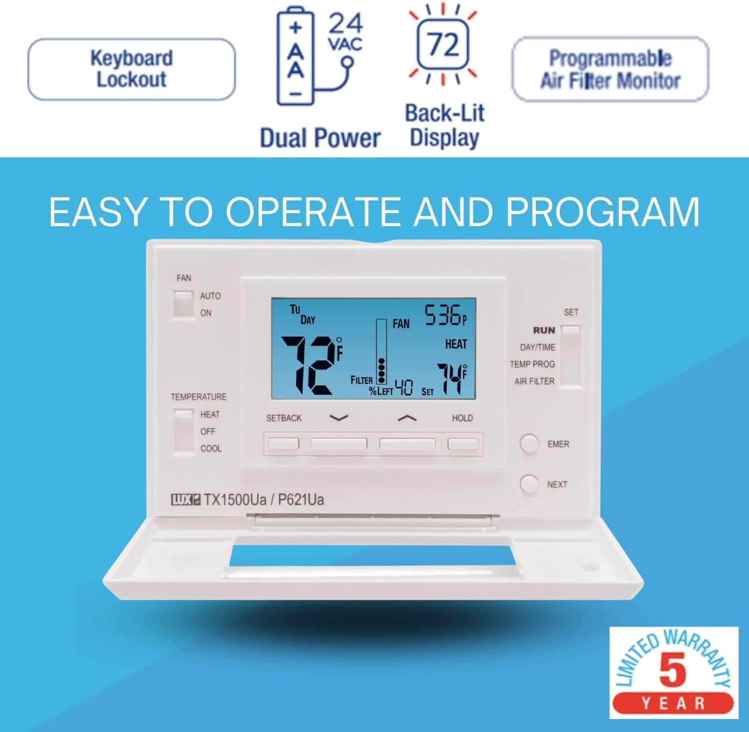 P521U Programmable 5-2 Day Thermostat for Home Use; 2 Heat, 1 Cool
