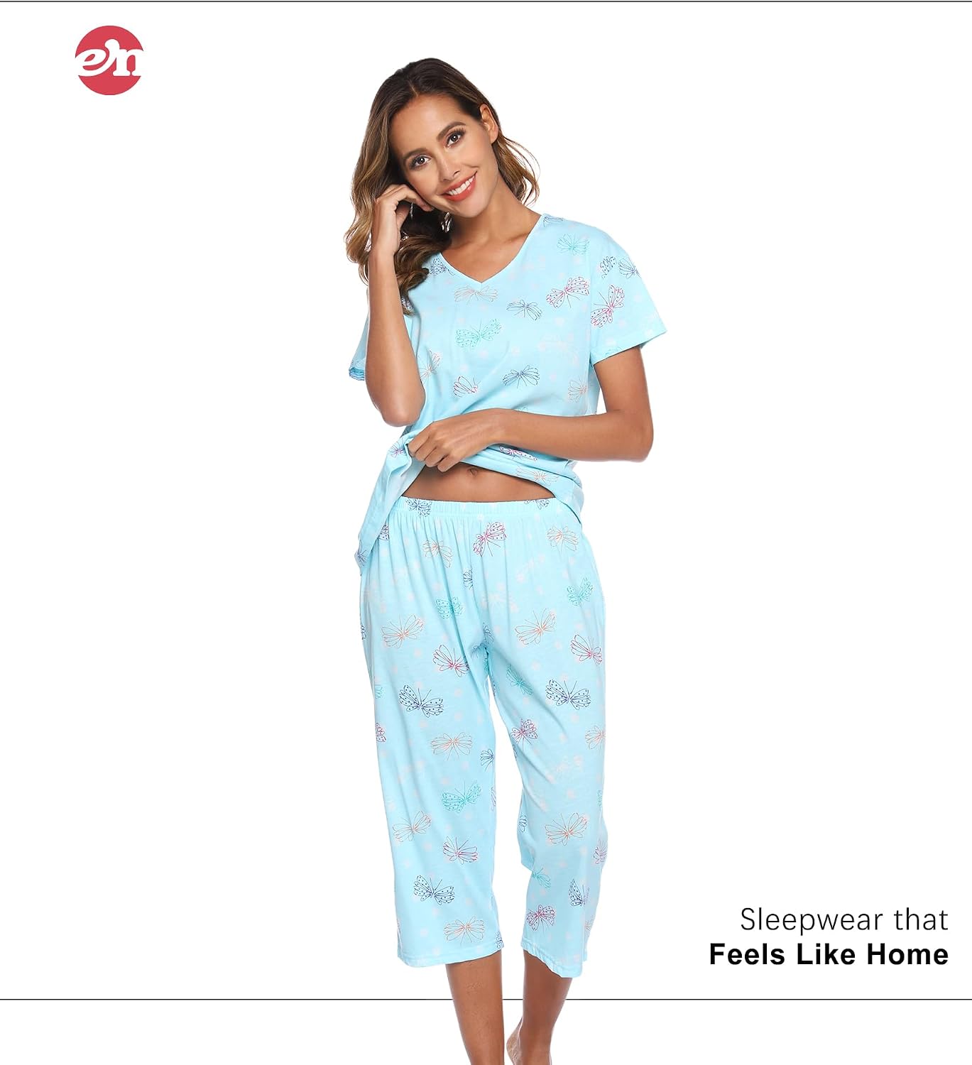 ENJOYNIGHT Womens Pajama Set Cotton Short Sleeve Top With Capri Pants Pj
