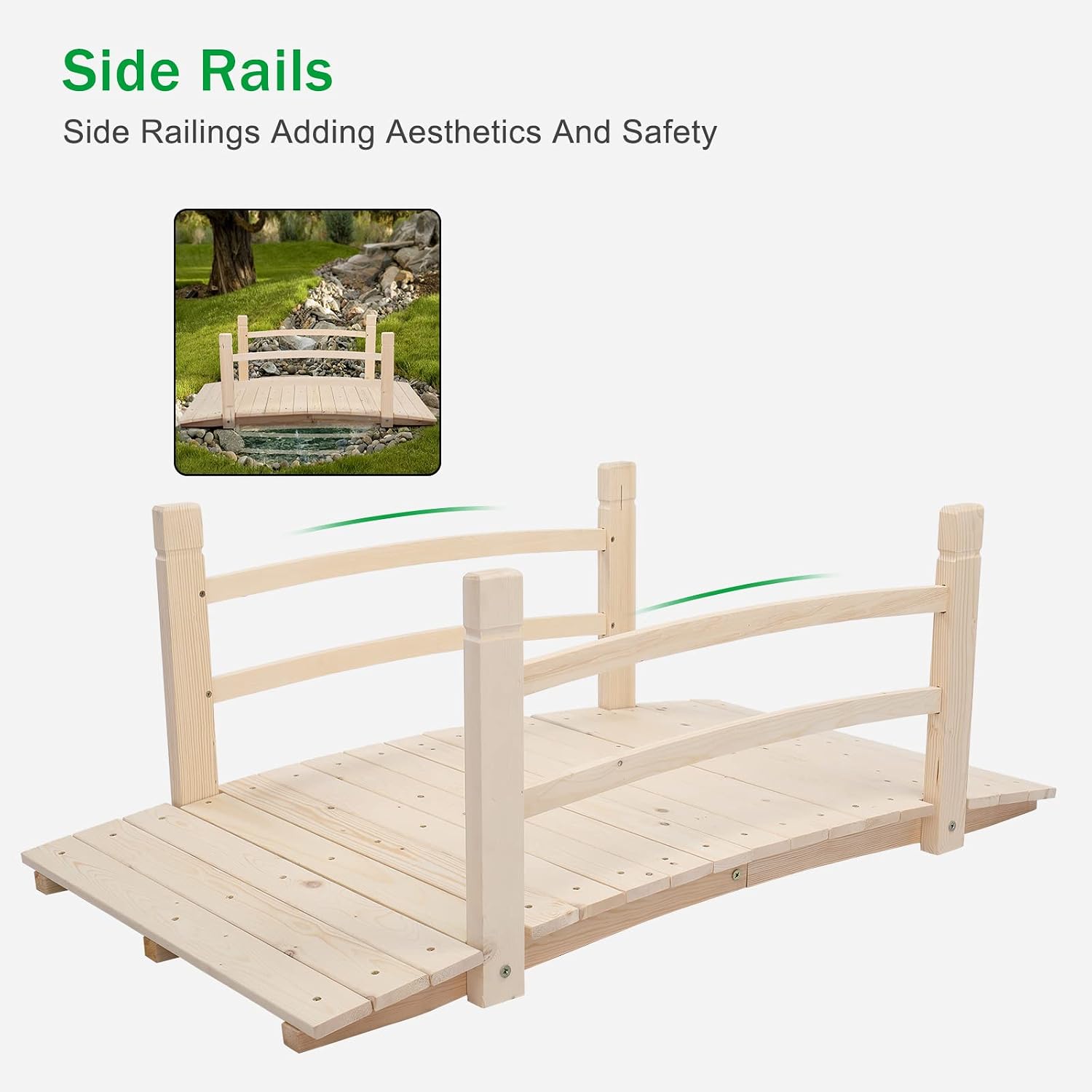 VINGLI 5 ft Garden Bridge, Classic Wooden Arch with Safety Rails Stained Finished Footbridge, Decorative Pond Landscaping, Backyard, Creek or Farm