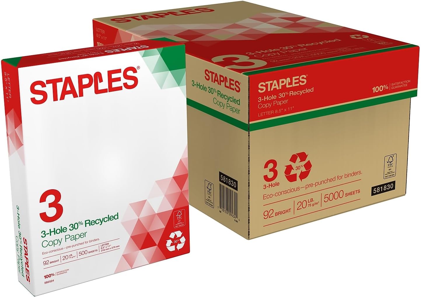Staples 8.5" x 11" 3-Hole Punched Copy Paper, 20 lbs., 92 Brightness, 500/Ream