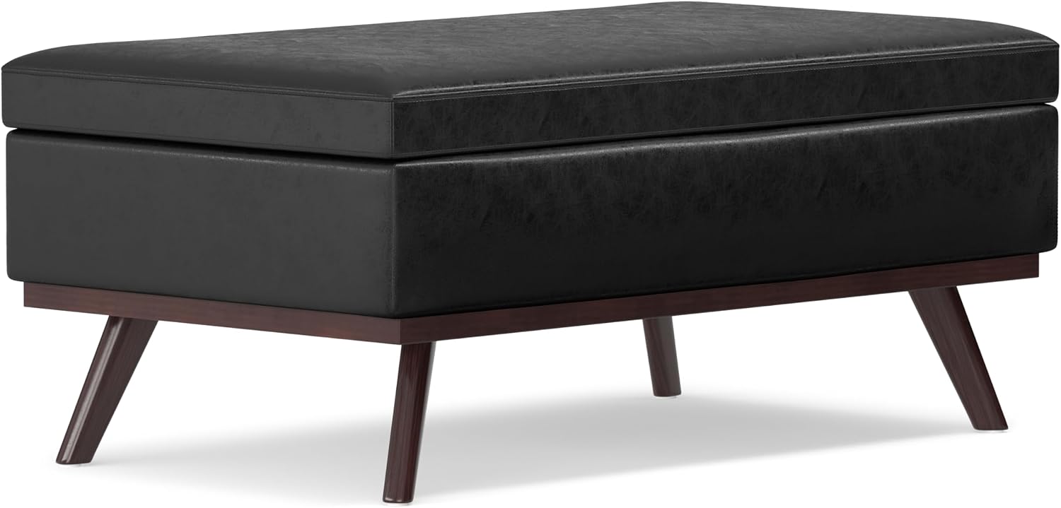 SIMPLIHOME Owen 34" Wide Vegan Leather Lift Top Ottoman in Dark Blue