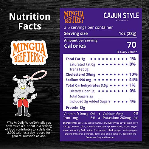 Mingua Beef Jerky Cajun-Seasoned - Nitrite-Free Spicy Beef Jerky - 100% US Beef, Four 3.5-Ounce Bags