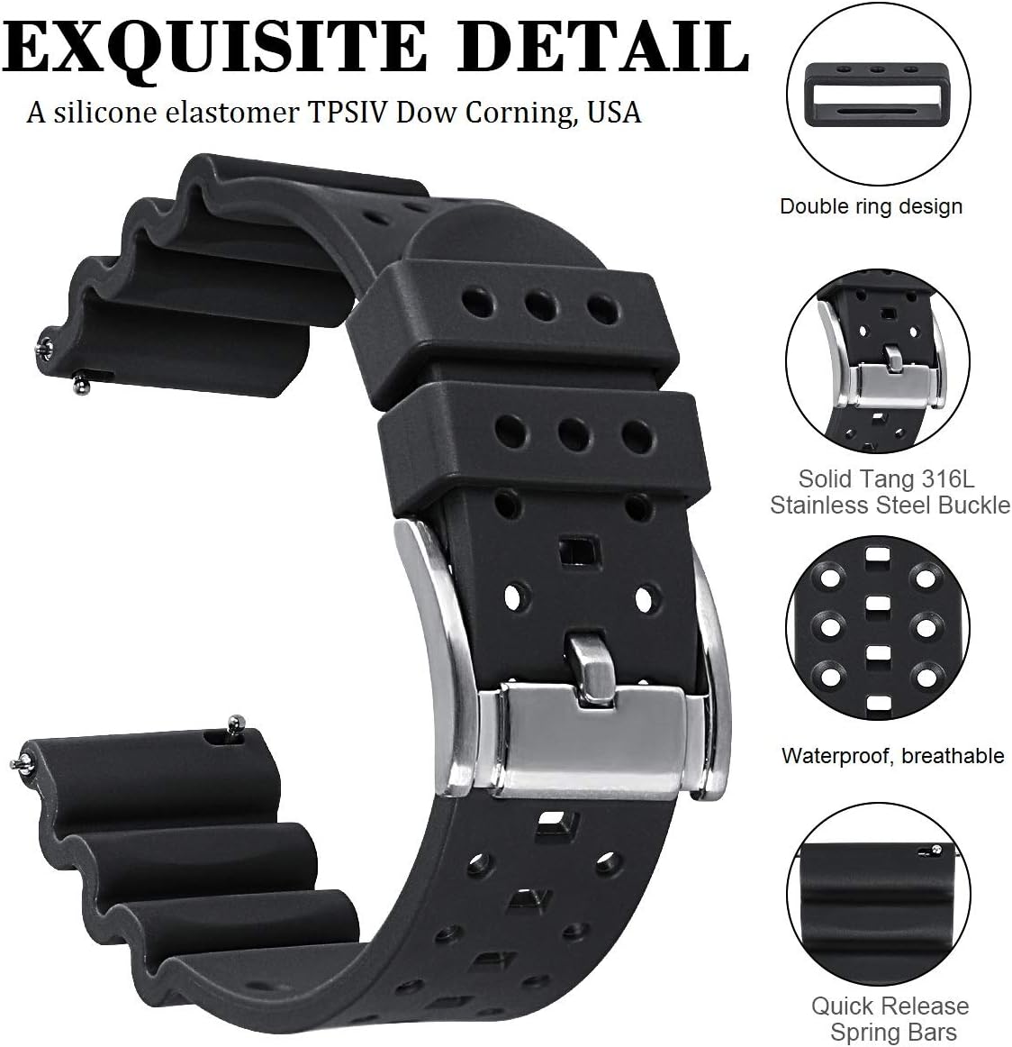 HUAFIY Silicone Watch Band 20mm22mm24mm FKM Rubber Watch Band for Men Women