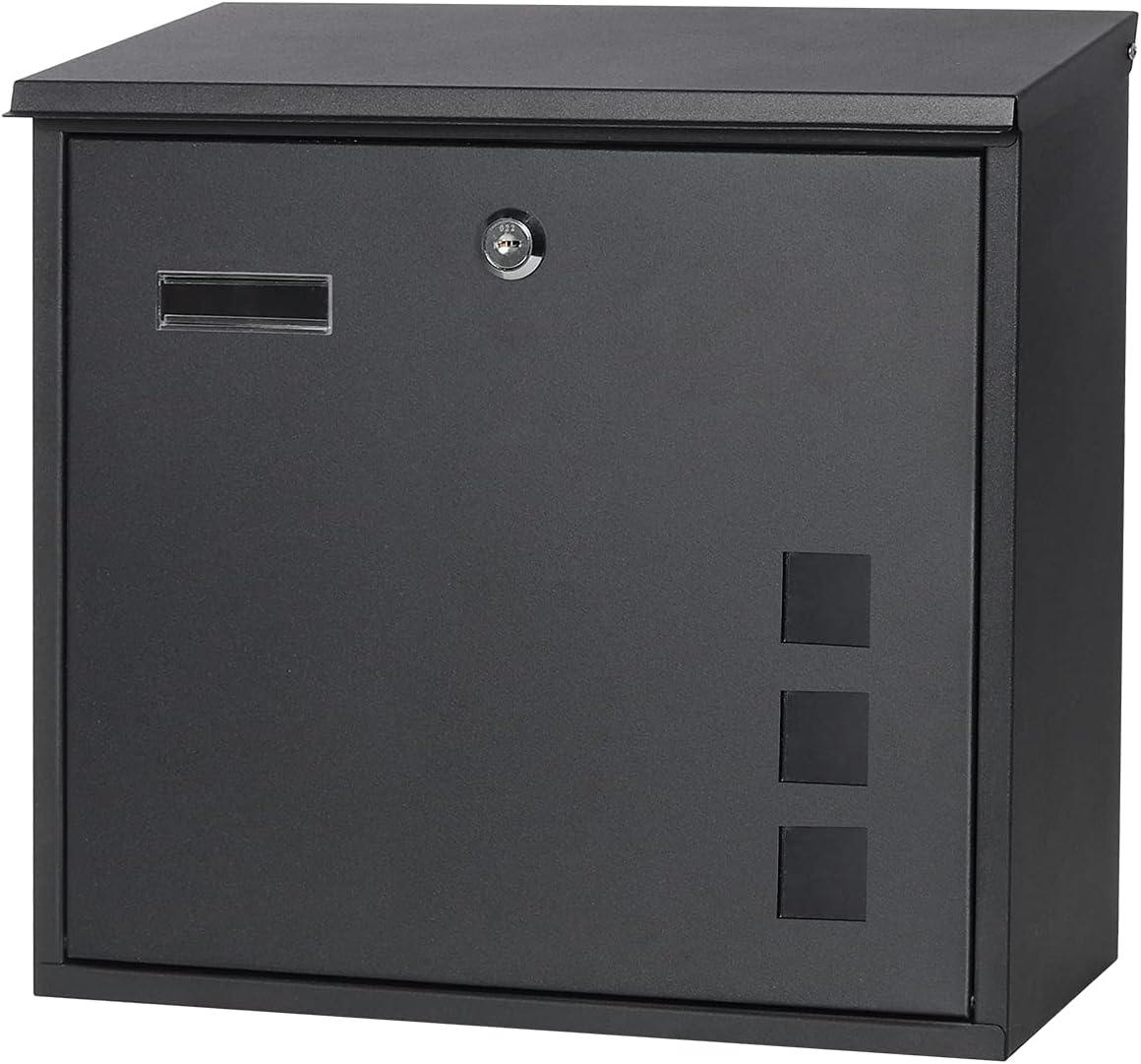 Decaller Large Capacity Mailbox with Key Lock, Wall Mount Metal Mail Box with Newspaper Compartment for Outside, 14.4" x 13" x 4.2", 938 Black