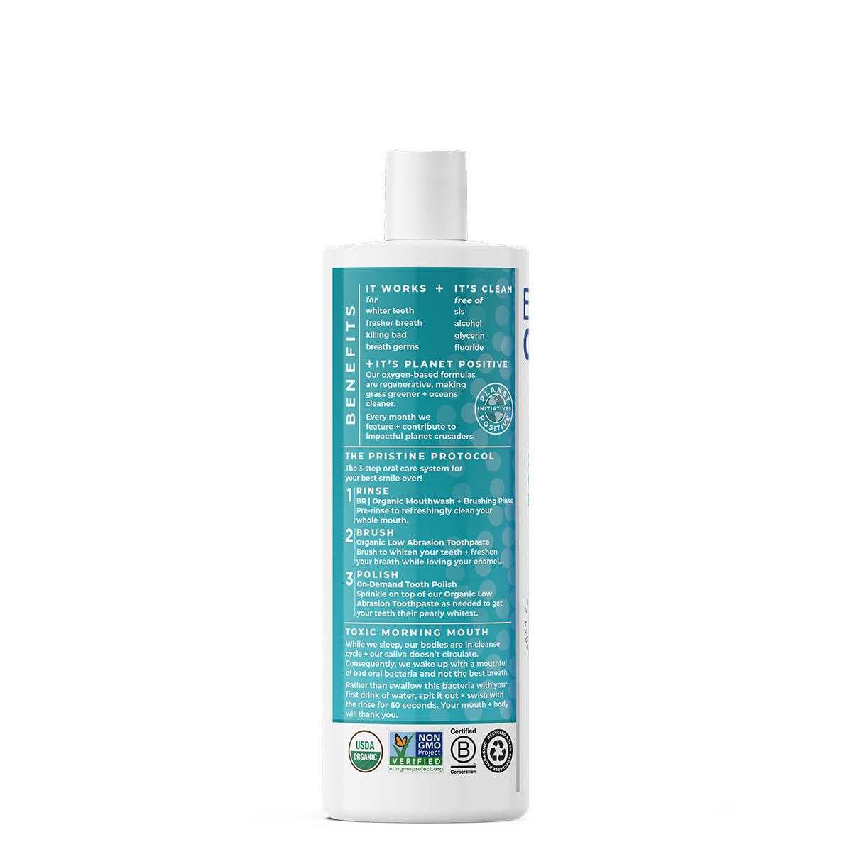 Essential Oxygen Certified BR Organic Brushing Rinse, All Natural Mouthwash for Whiter Teeth, Fresher Breath, and Happier Gums, Alcohol-Free Oral Care, Peppermint, 16 Ounce, Package may vary