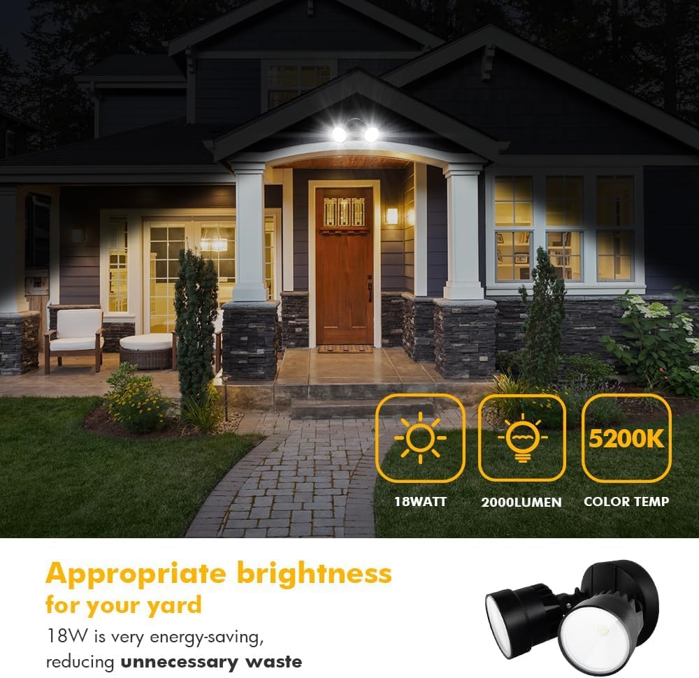 LUTEC 2 Packs P6221B 2000 Lumen 18 Watt 28 LED Dual-Head Flood Light Outdoor, Waterproof Exterior Security Wall Light for Patio, Garden,Yard-Black