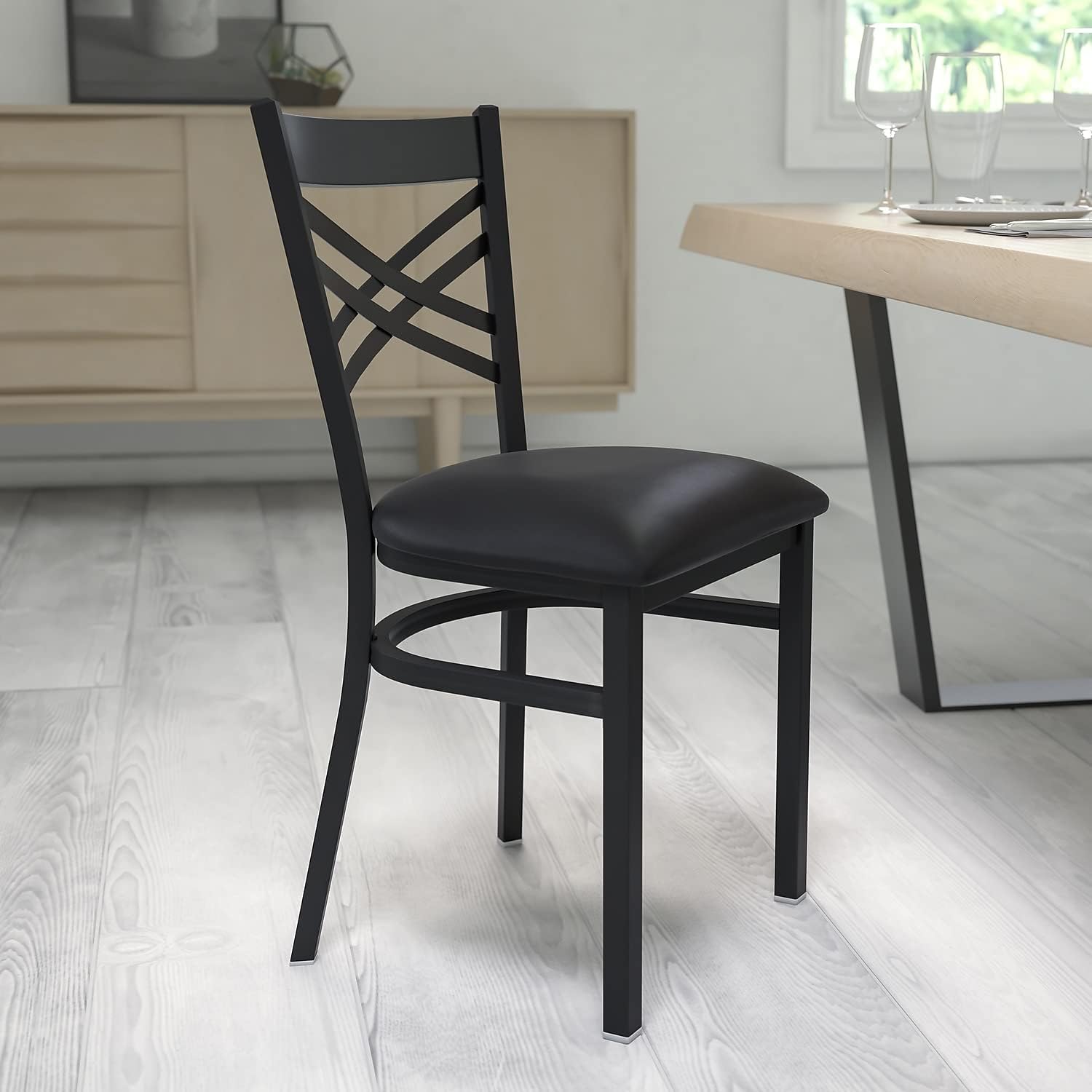 Flash Furniture Hercules Series "X" Back Metal Restaurant Chairs, Modern Upholstered Armless Dining Chairs for Restaurants/Kitchens, Set of 2, Black