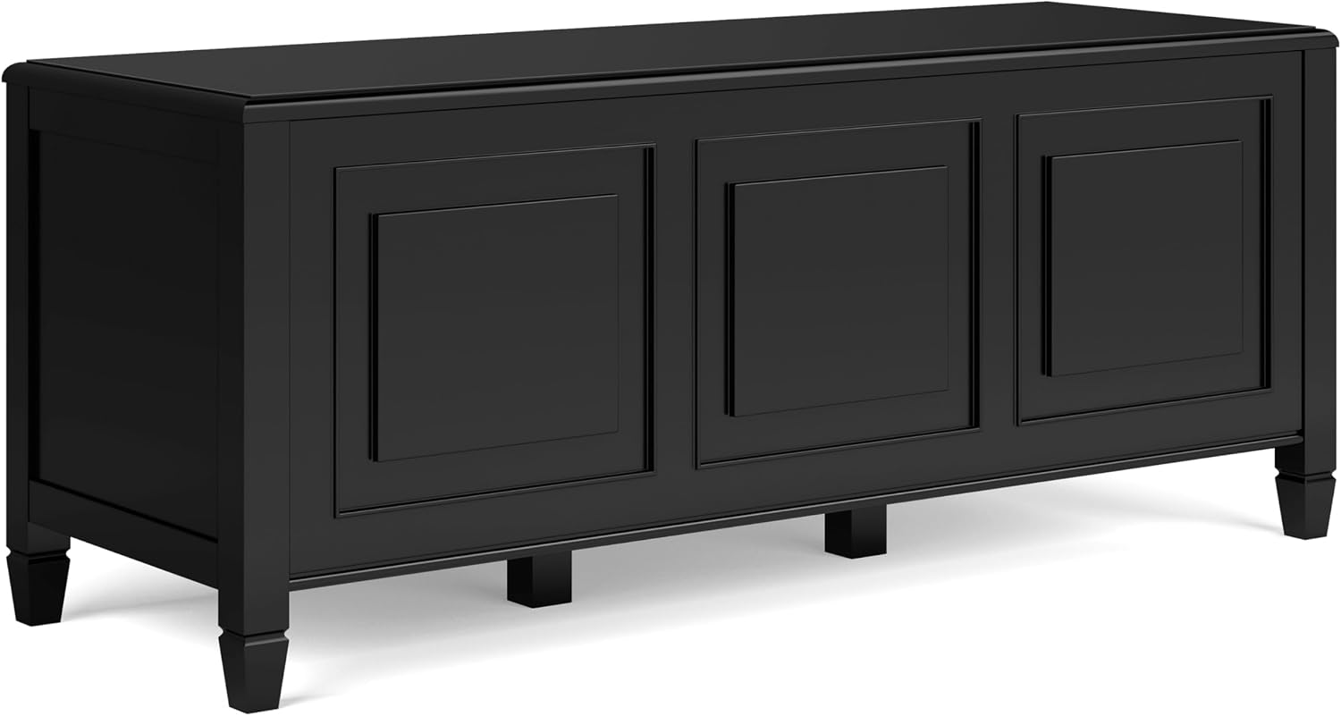 SIMPLIHOME Harvey 47" Wide Solid Mango Wood Bench in Natural | Traditional entryway bench in dark chestnut brown with a lift-up lid and 3 hidden compartments; shoe or hallway bench.