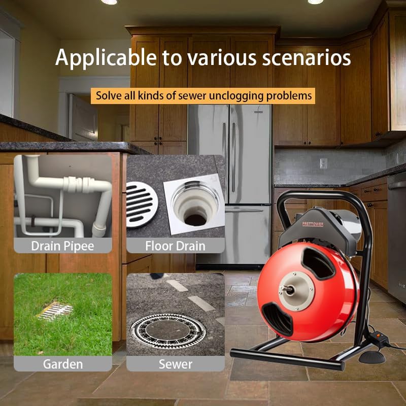 drain cleaner machine，50 Ft x1/2 Inch Electric drain auger, Portable Design, Comes with 6 knife heads, gloves，Foot air switch control