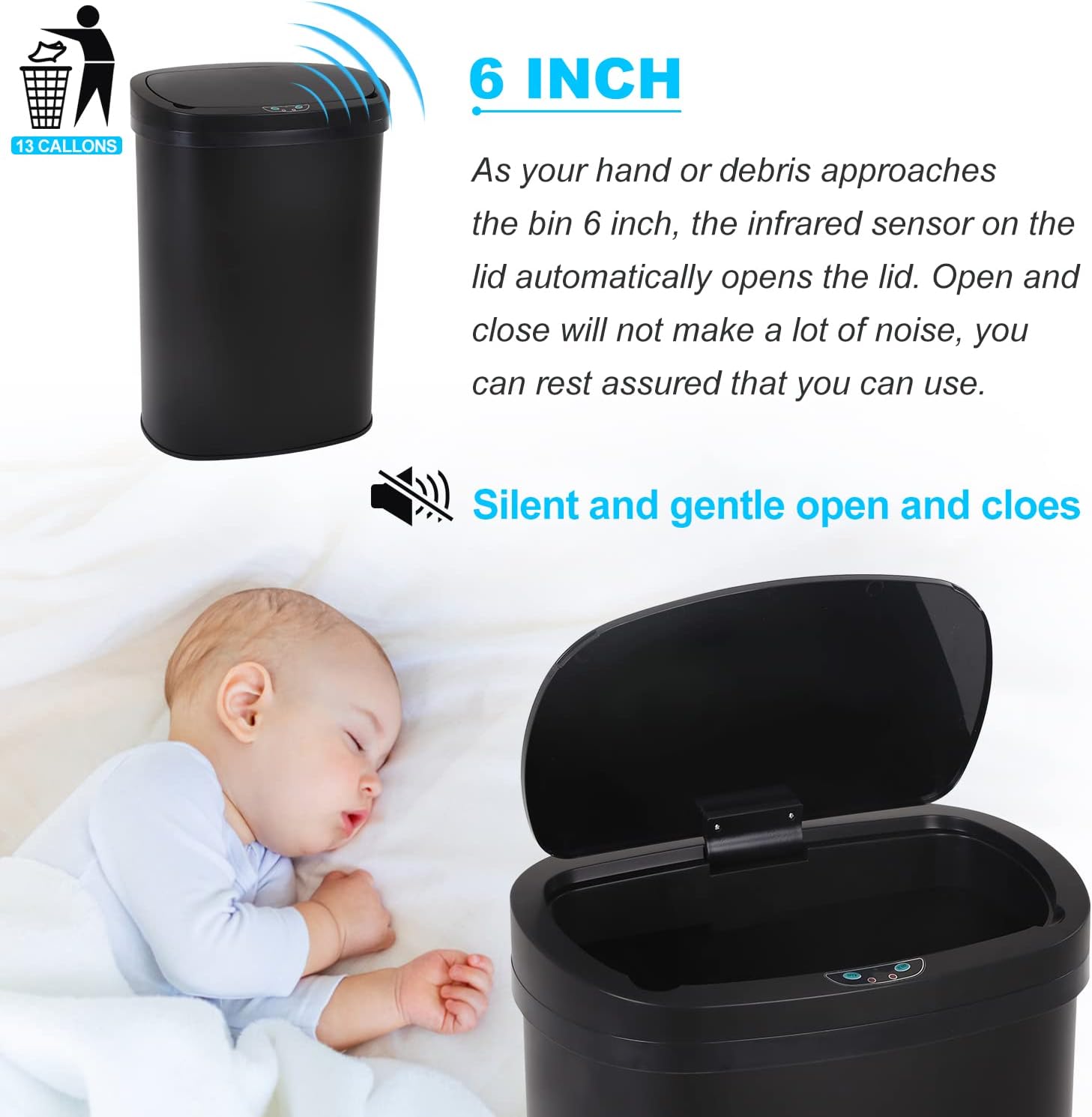 Kitchen Trash Can | Stainless Steel 13 Gallon Trash Can | 50L Touch Free Garbage Can with Lid | Electronic Sensor High Capacity Trash Bin for