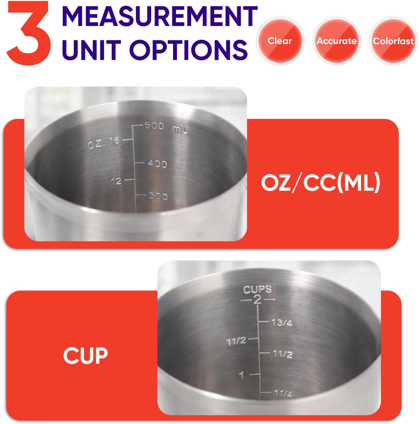 Newness Stainless Steel Measuring Cup, Metal Measuring Cup with Handle (Upgraded, 3 Marking Including Cup/ML/Ounce Scale), 16 Ounces (0.5 Liter, 2 Cup)