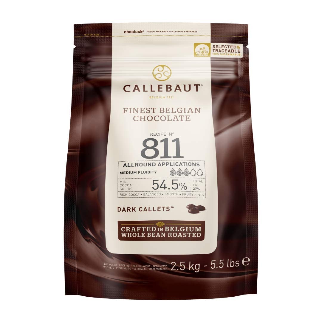 Callebaut Recipe No. 811 Finest Belgian Dark Chocolate Callets 2.5kg Bag | 54.5% min dry cocoa solids, 36.6% fat