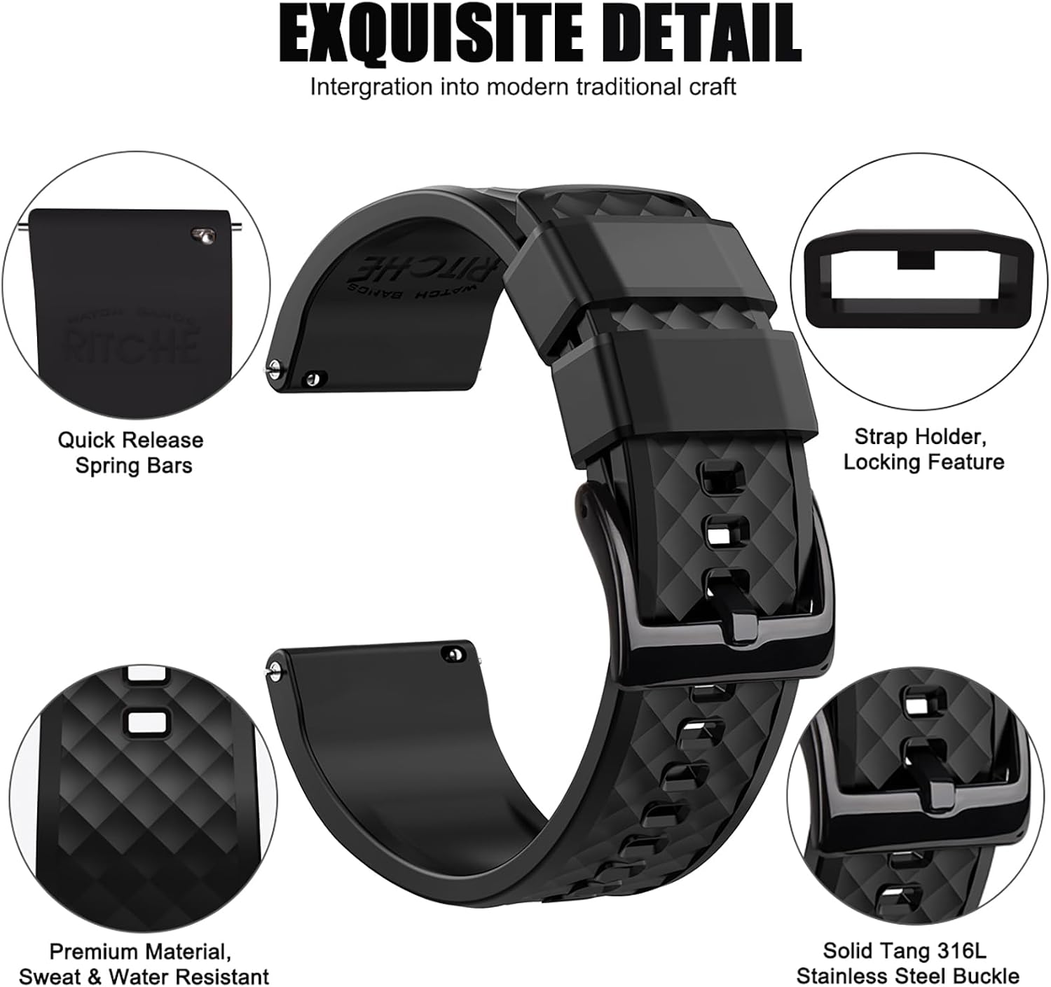 Ritche Christmas Gift Silicone Watch Bands 18mm 20mm 22mm 24mm Quick Release Rubber Watch Bands for Men, White Elephant Gifts