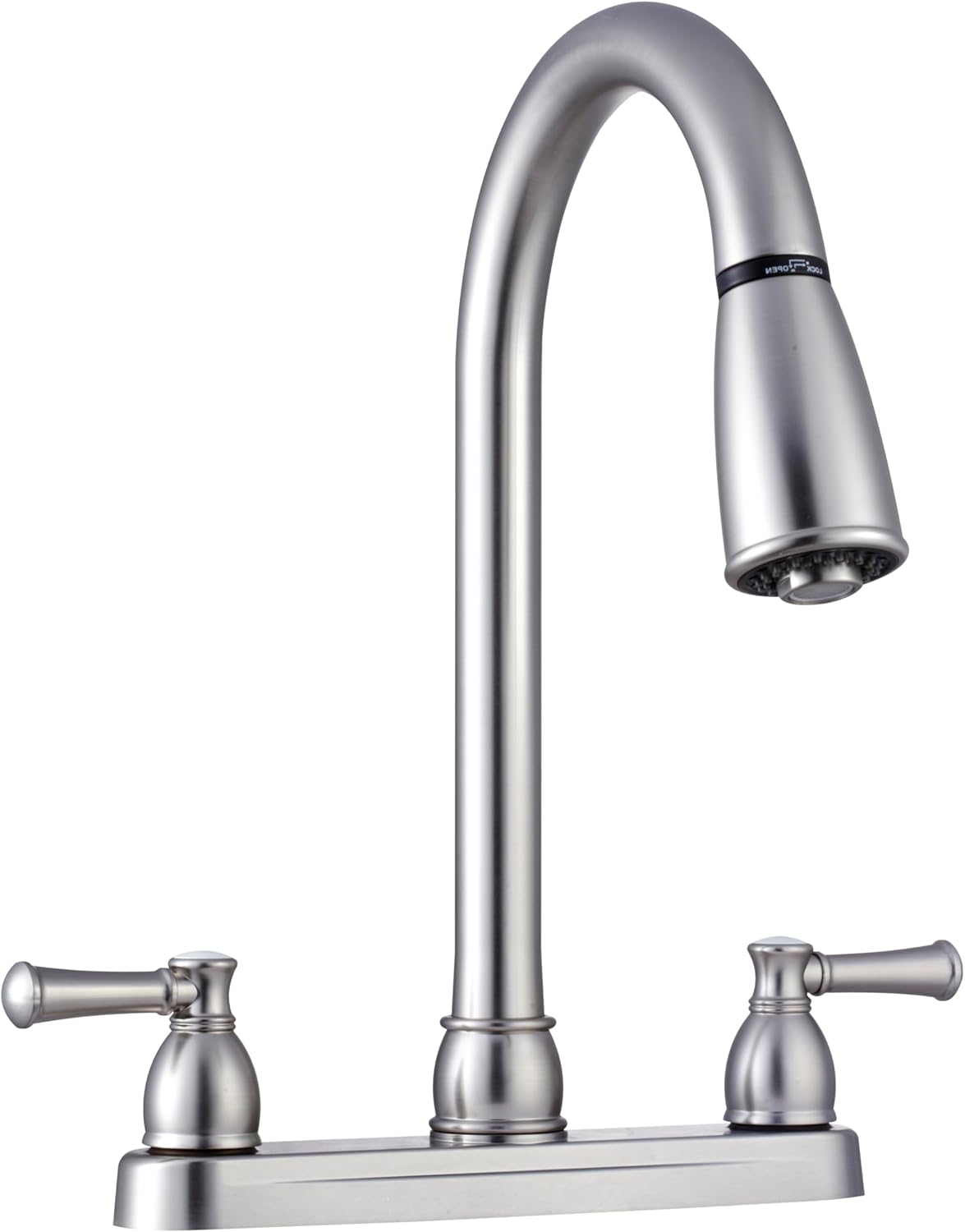 Dura Faucet DF-PK350L-SN RV Pull-Down Kitchen Sink Faucet (Satin Nickel) | Stream-to-spray sprayer with a corrosion-resistant non-metallic build. Brushed Satin Nickel. Plated ABS plastic (not metal).