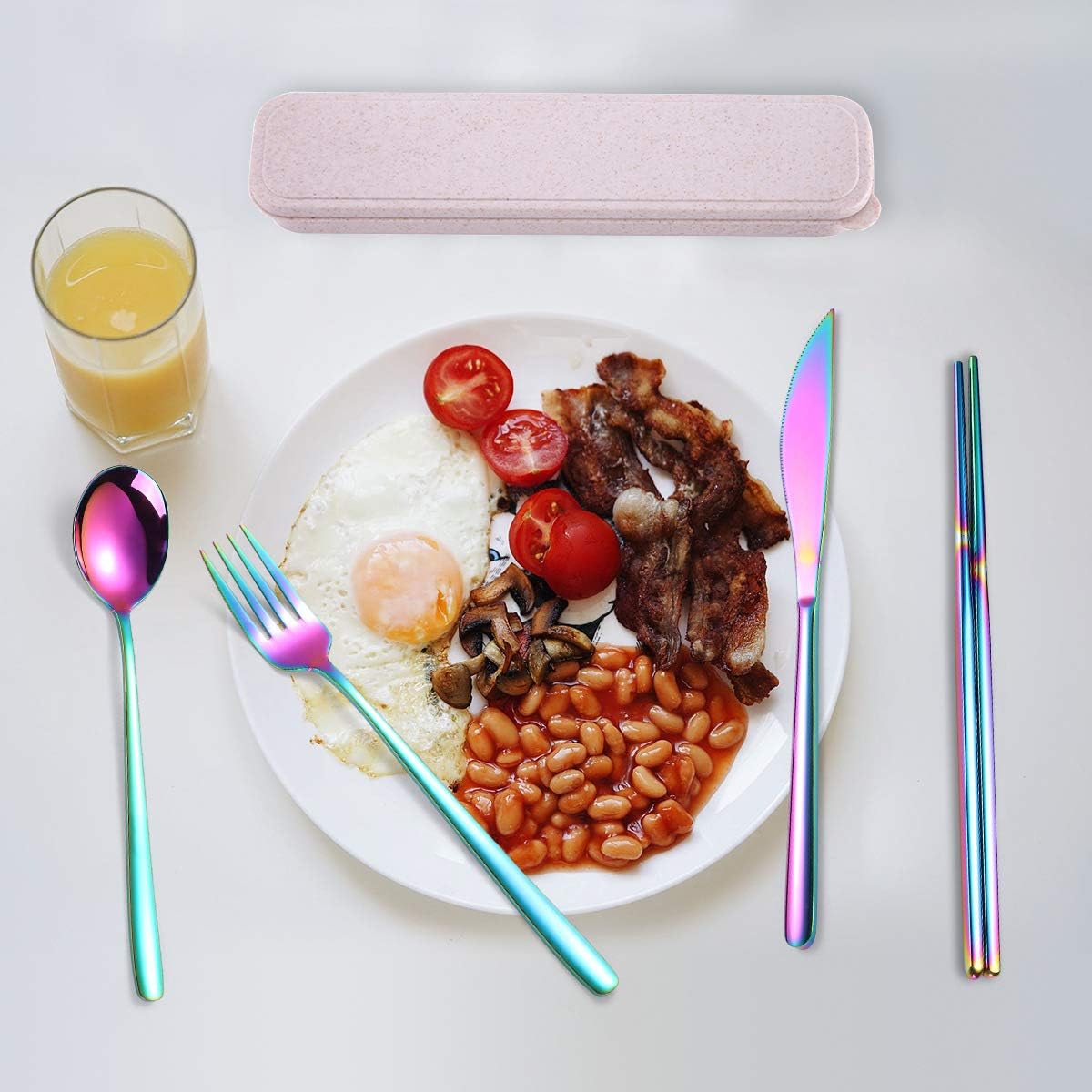 AARAINBOW 6 Pieces 18/8 Stainless Steel Flatware Set Portable Reusable Cutlery Set Travel Utensils Set Including Chopsticks Knife Fork Spoon Straws
