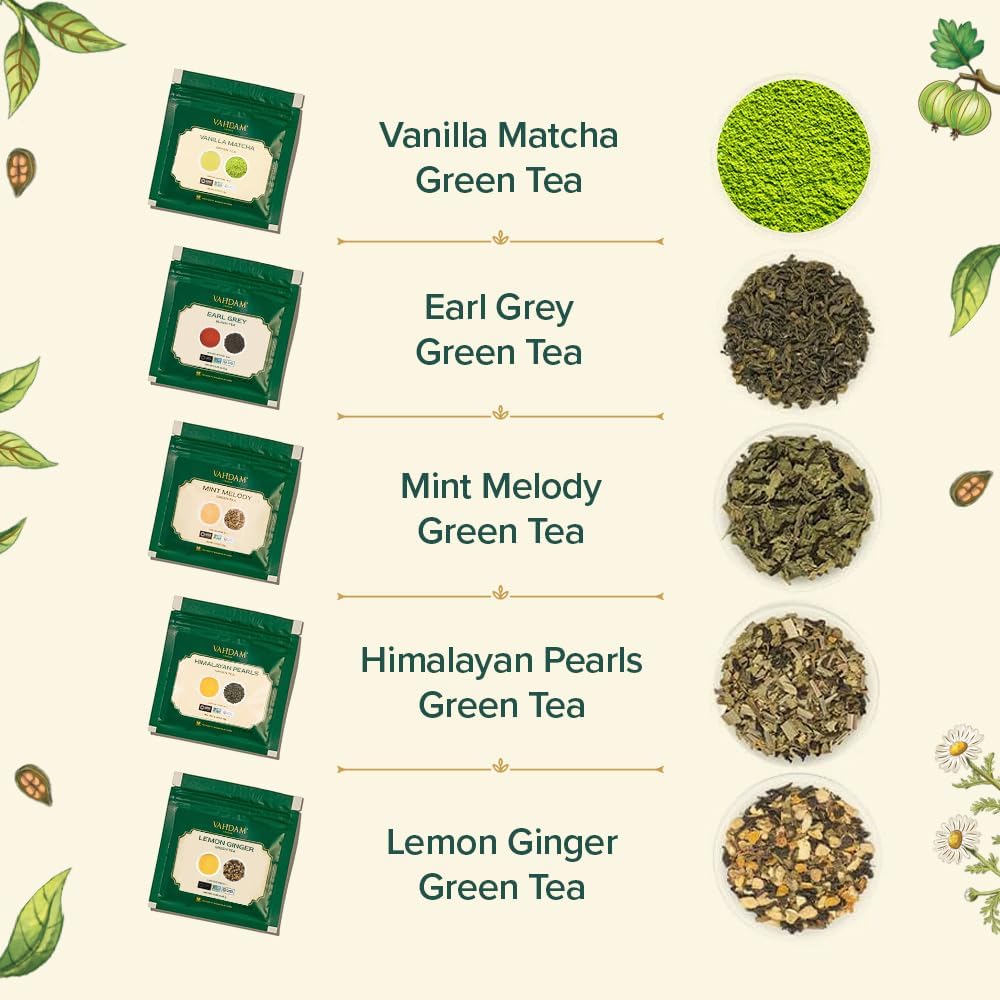 VAHDAM Assorted Green Tea Loose Leaf Tea Gift Set (10 Flavors) | Loose Leaf Green Tea Collection | Includes Himalayan Green Tea Varieties | Packed in Resealable Ziplock Pouches