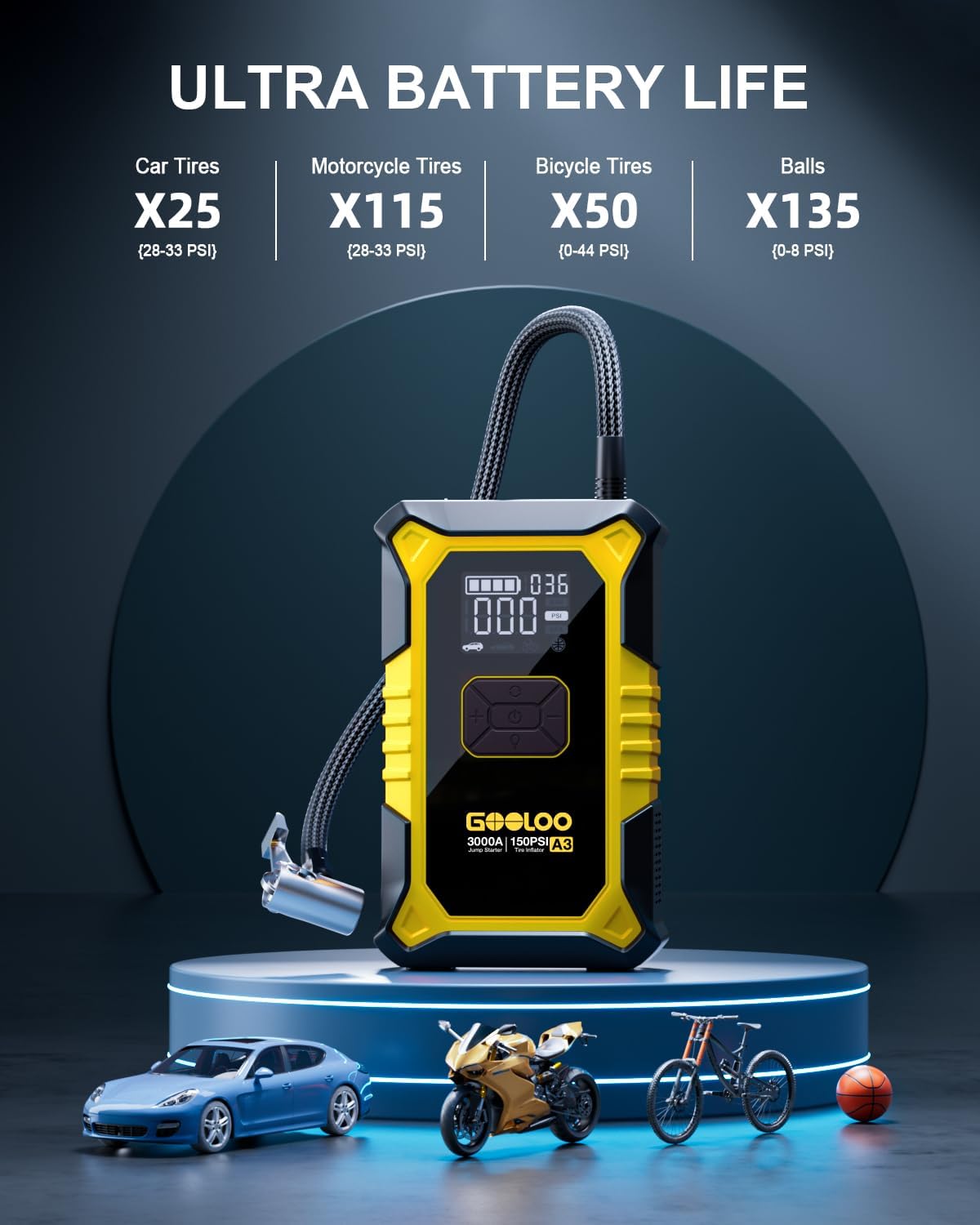 GOOLOO A3 12V 3000A Portable Jump Starter with Air Compressor | Supersafe Car Battery Booster Pack (9L Gas/6.5L Diesel) - BOOST for Dead Battery - 150 PSI Auto-Off Tire Inflator - LED Light