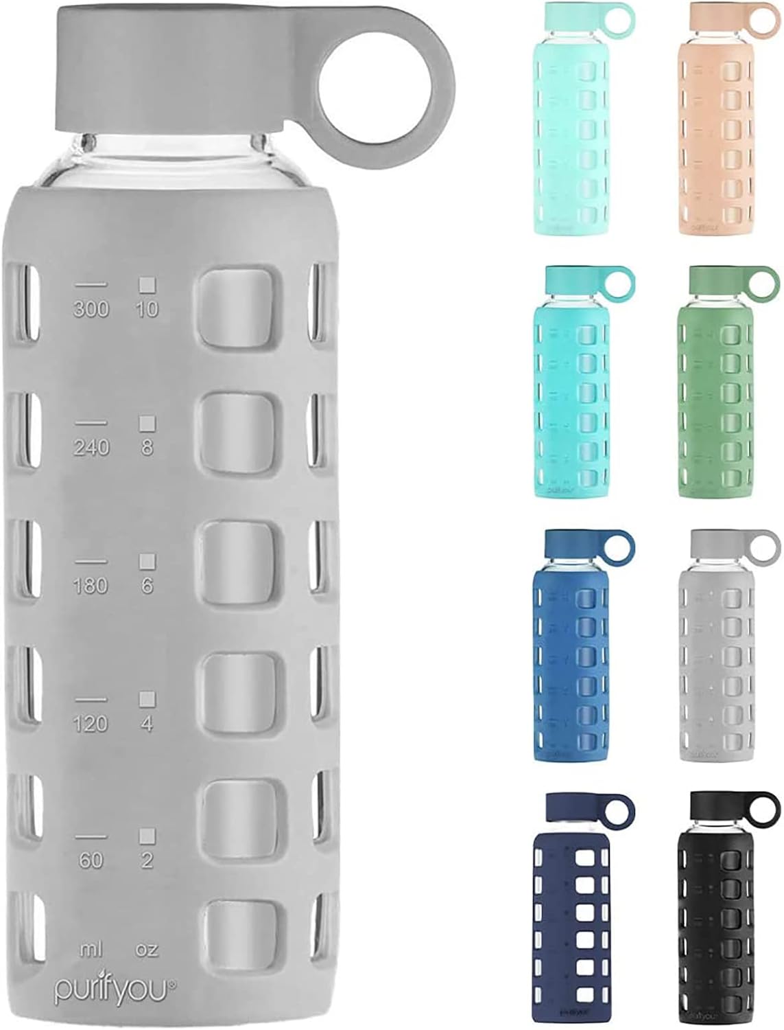 purifyou 40oz / 32oz / 22oz / 12oz Borosilicate Glass Water Bottle with Time & Volume Markers, Silicone Sleeve
