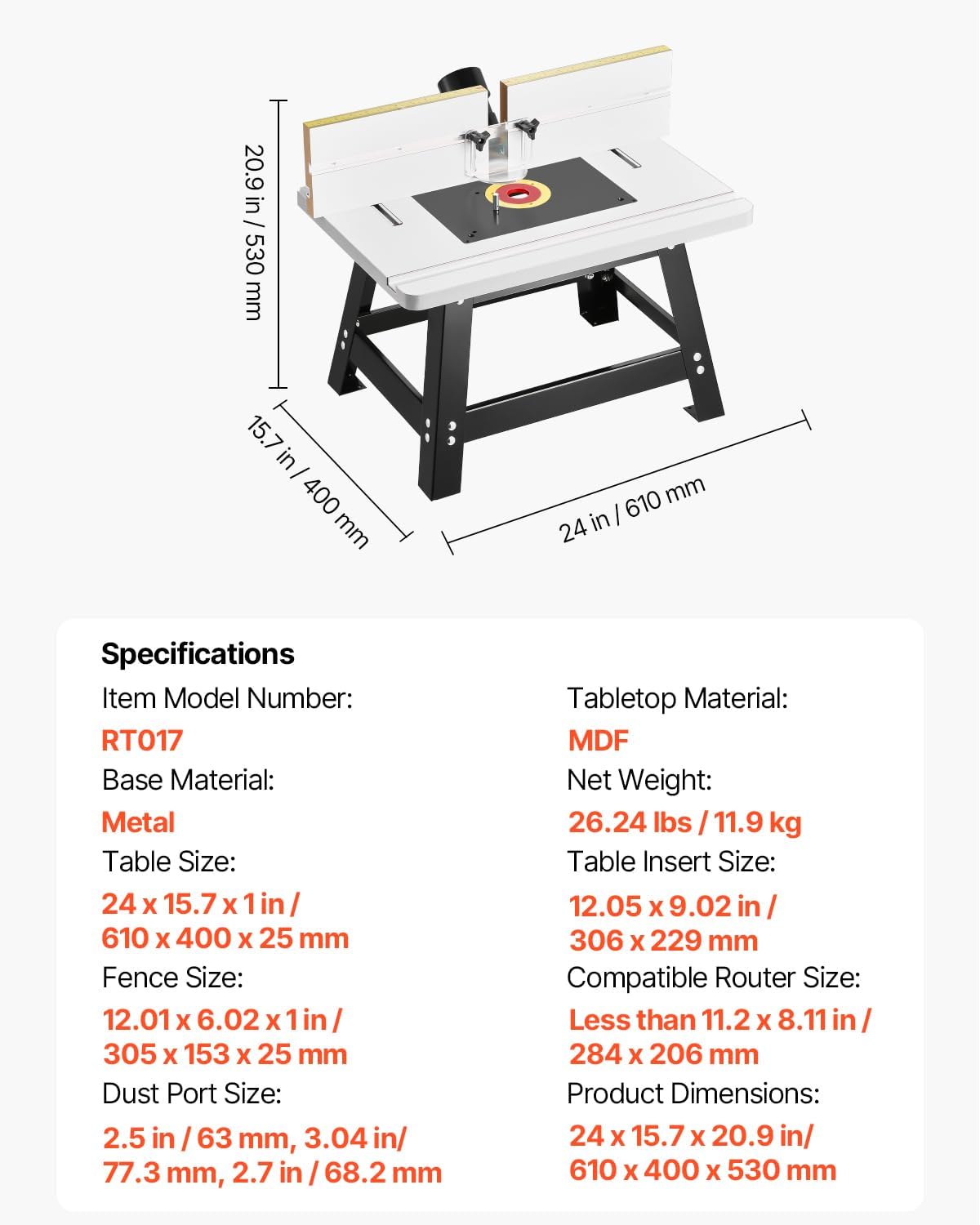 VEVOR Benchtop Router Table, 24 in x 15.7 in, Bench Top Routing Table with Adjustable Fence, MDF Top, Sturdy Metal Base, 2-1/2 in Dust Collection Port