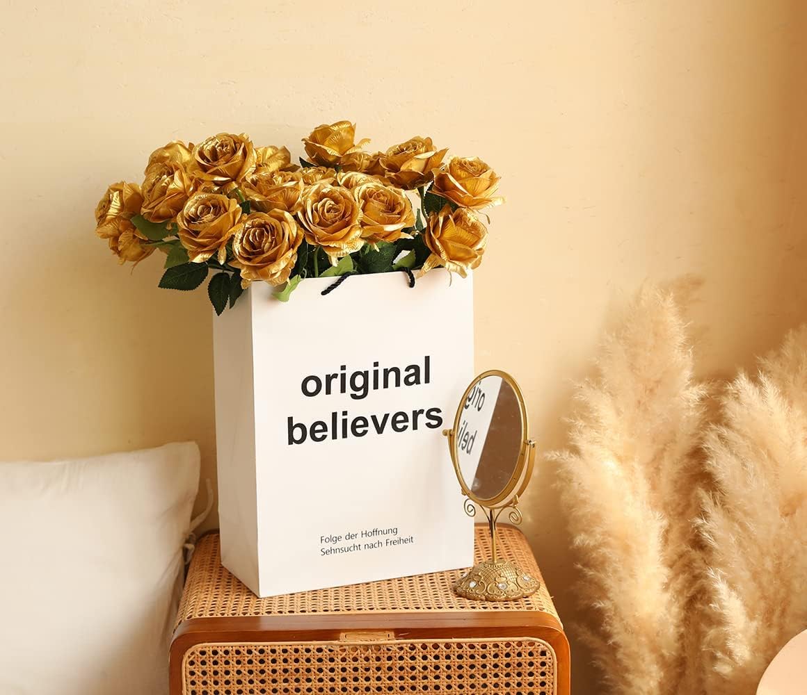 12 PCS Artificial Flowers Roses Silk Flowers Fake Long Stem Artificial Roses for Home Wedding Decorations (Yellow)