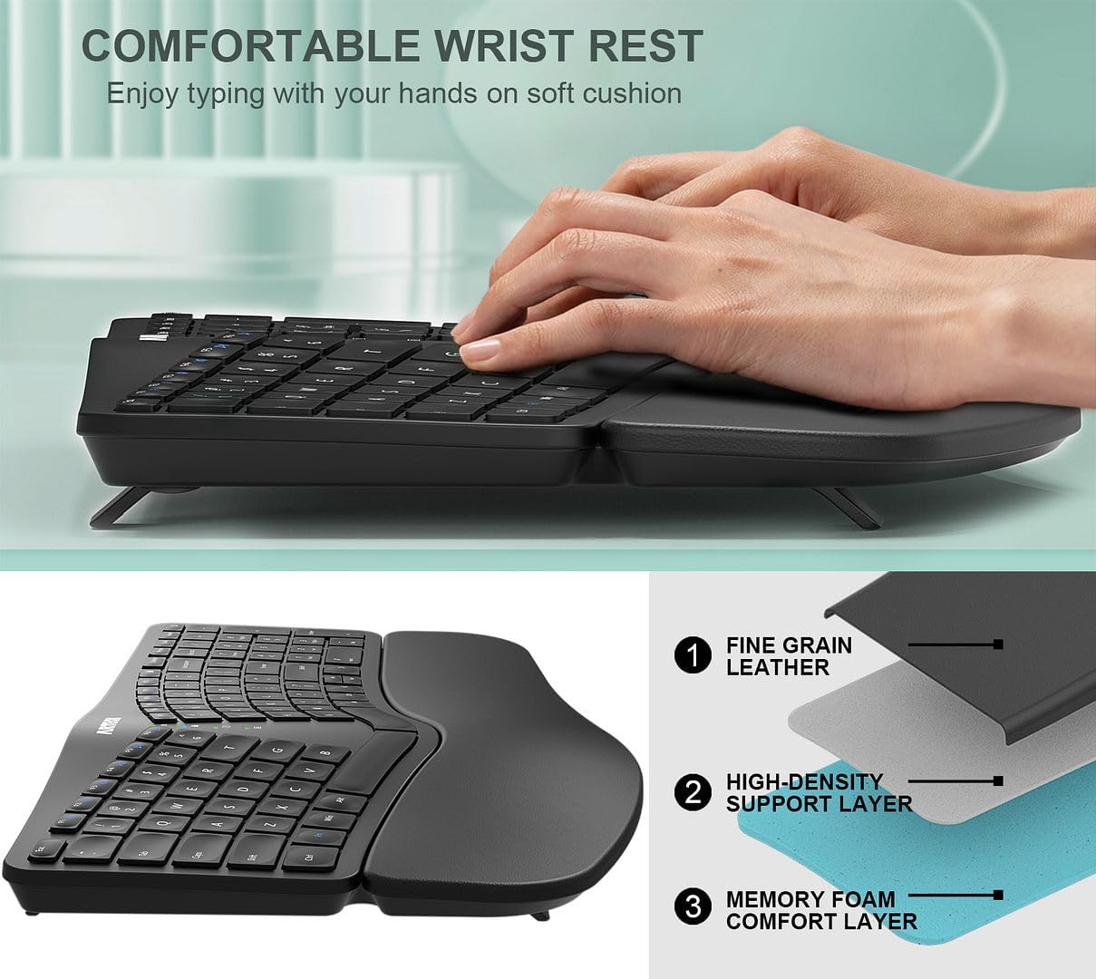 Arteck Split Ergonomic Keyboard with Palm Rest, 2.4G USB Wireless Keyboard