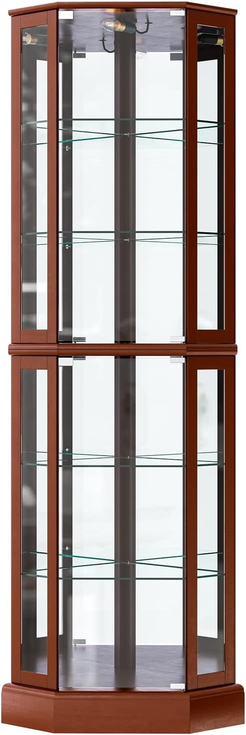 BELLEZE Lighted Corner Display Curio Cabinet Wooden Curved Shelving Unit with Tempered Glass Door