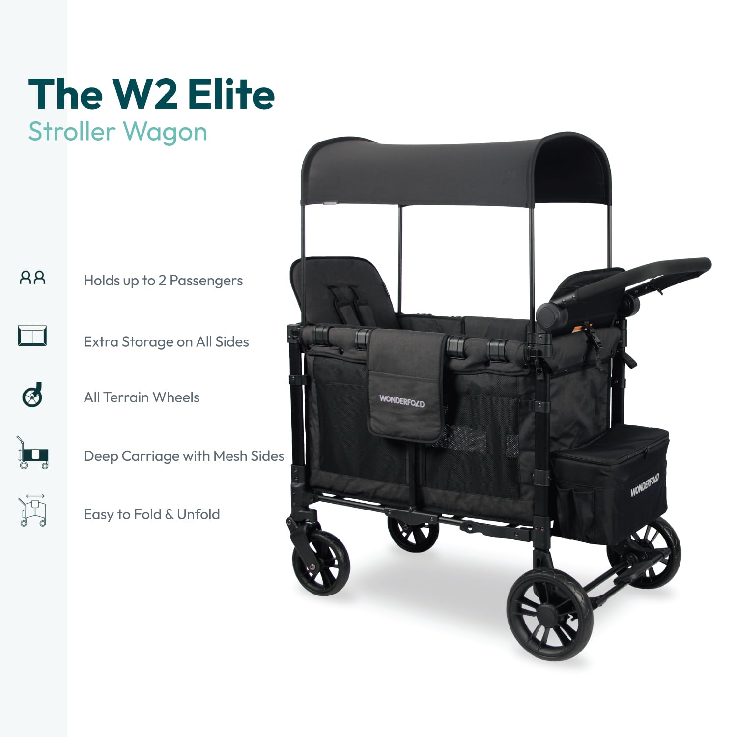 WonderFold W2 Stroller Wagon, Steel Frame, 2 Seater, Black