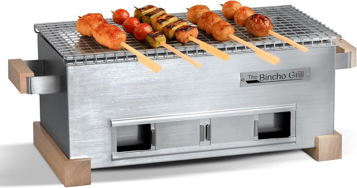 The Bincho Grill 16" Mini Yakitori Grill – Stainless Steel Mini Tabletop Charcoal BBQ with Charcoal Box