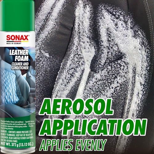 SONAX Leather Foam 289300 | 2 in 1 Aerosol Leather Cleaner and Conditioner | Safe to Use on Perforated Air Conditioned/Heated Seats | UV Protection
