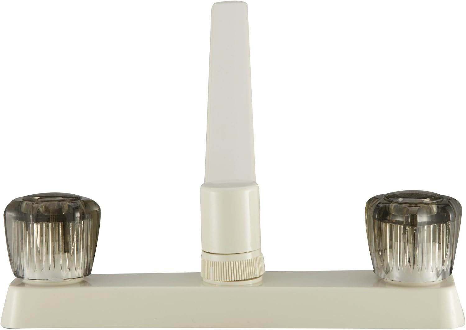 Dura Faucet DF-PK600S-BQ RV Two Handle Kitchen Sink Faucet (Bisque) | Smoked acrylic knobs give smooth, precise control of flow. Bisque Parchment. Plated ABS plastic (not metal).