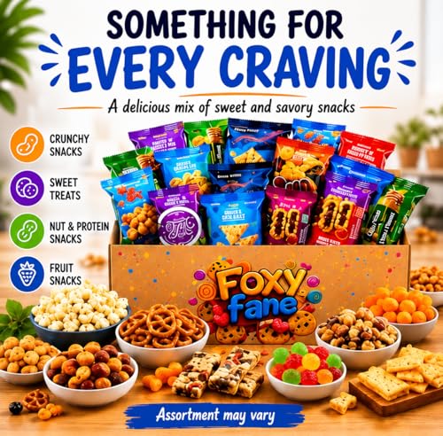 Foxy Fane 60-Count Healthy Snack Box Care Package, Variety Pack of 60 Individually Wrapped Sweet and Savory Snacks, Assorted Gift Basket for Office