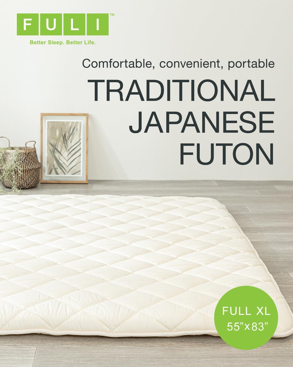 FULI Japanese Futon, Twin XL Size, White - Foldable Shikibuton Floor Bed | Medium Firm Quilted Cotton Sleeping Pad, Portable Roll-Up Japanese Floor Bed for Guests & Small Spaces, 100% cotton surface