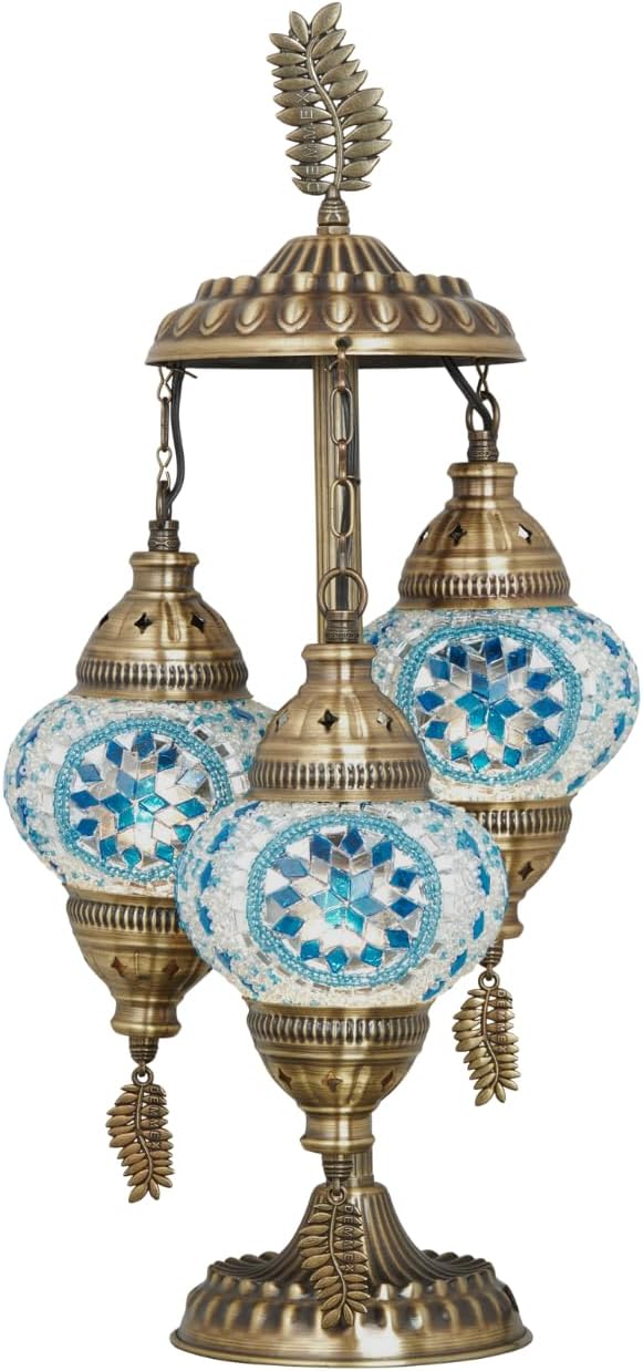 DEMMEX 3-Globe Turkish Moroccan Table Lamp, Tiffany Mosaic Glass Bedside Night Light, Handmade Colorful Mosaic Glass Globes & Antique Brass Finish Base, 21" H, Multicolor