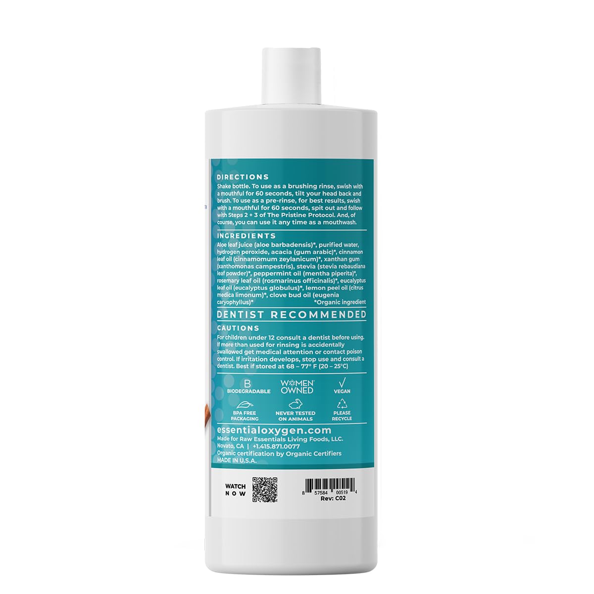 Essential Oxygen Certified BR Organic Brushing Rinse, All Natural Mouthwash for Whiter Teeth, Fresher Breath, and Happier Gums, Alcohol-Free Oral Care, Peppermint, 16 Ounce, Package may vary
