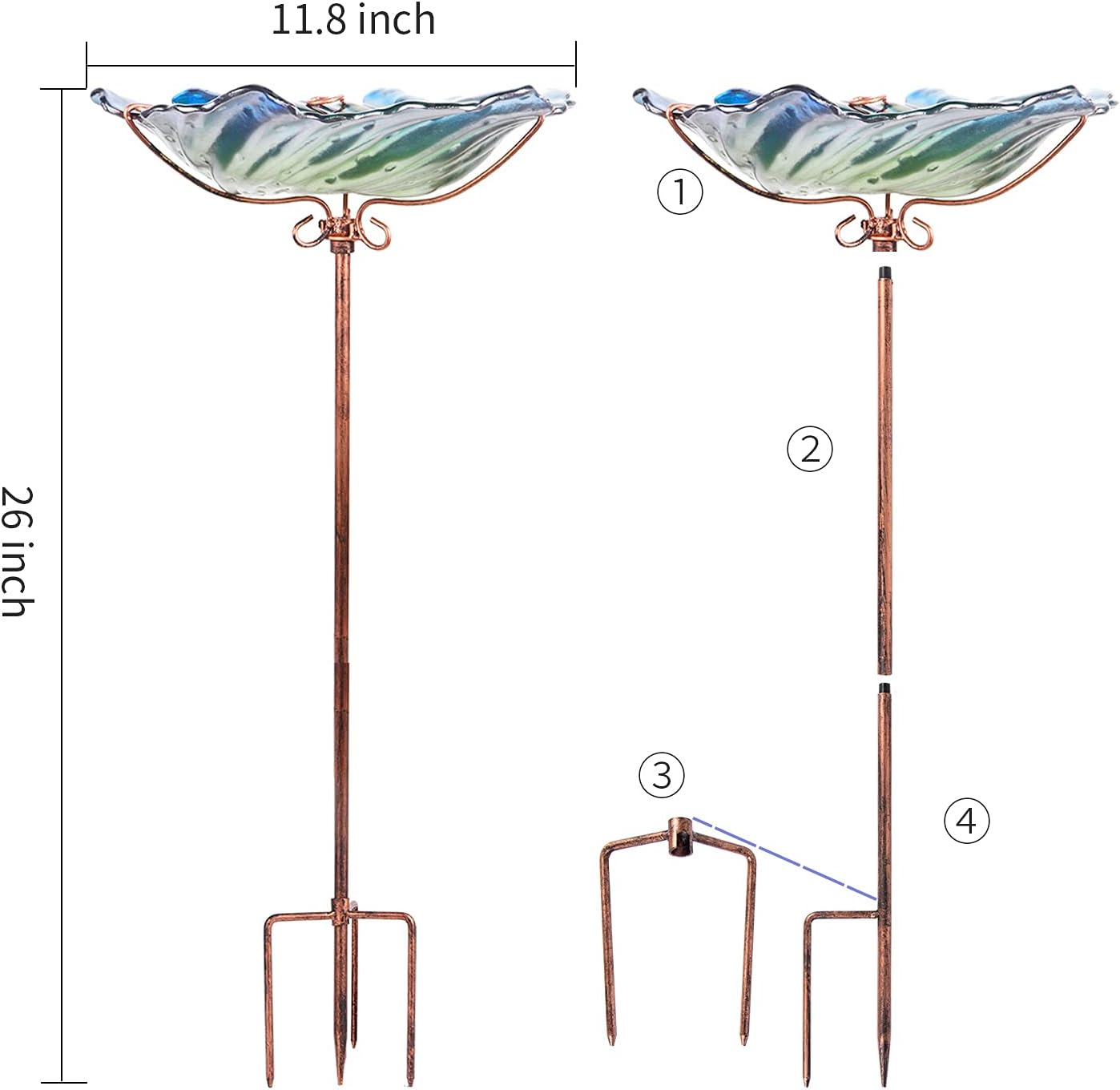 26" Glass Bird Bath, Outdoor Birdbath Bird Feeder Green Flower Metal Stake