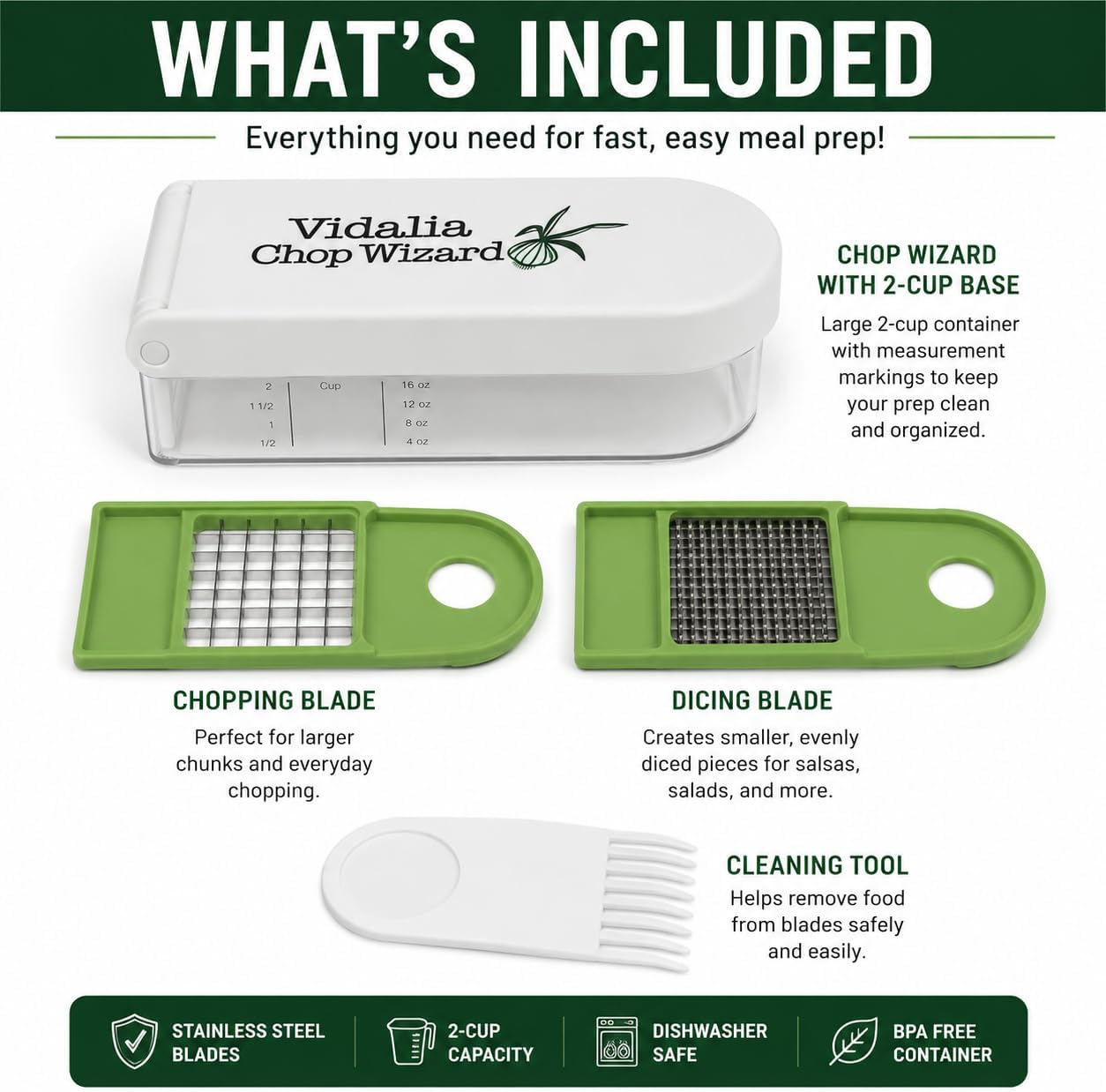 Vidalia Chop Wizard Vegetable Chopper – Original As Seen On TV Food Dicer with 2 Stainless Steel Blades, Large 2-Cup Container, Cleaning Tool