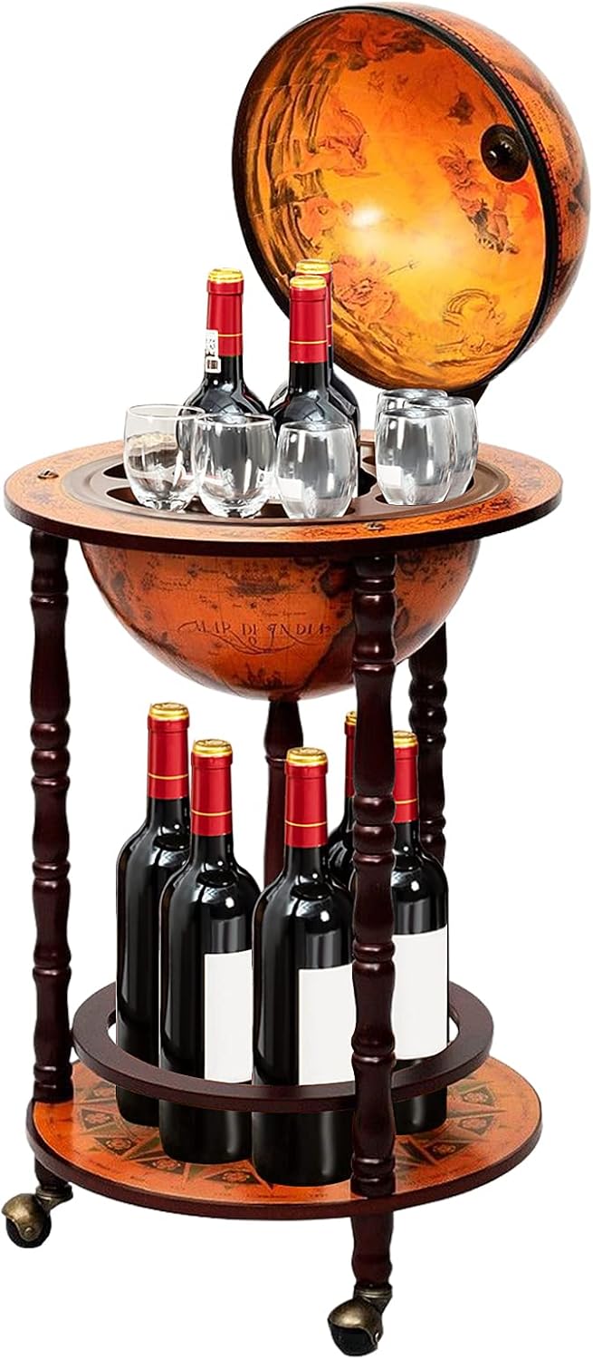 COSTWAY Globe Wine Bar Cabinet, Italian Replica Bar Cart with Wheels and Liquor Bottle Shelf, Solid Wood Wine Bar Stand for Home, Kitchen, Bar