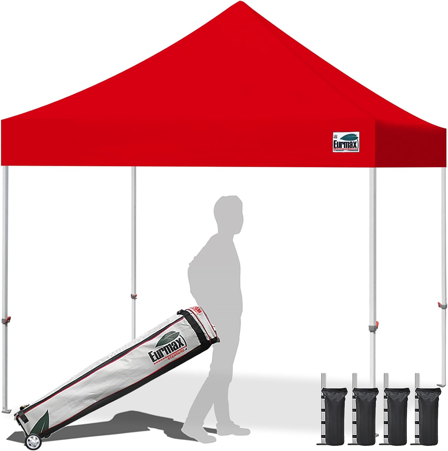 Eurmax USA 10x10ft Pop Up Canopy,Commercial Instant Tent for Outdoor Events,Patented No-Tip Rolling Storage Bag with 4 Sandbags,UV & Water Resistant,Heavy Duty Portable Shelter Gazebo,Black