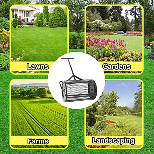 Compost Spreader - 24'' Peat Moss Spreader Manure Spreaders Roller with Adjustable T Shaped Handle Lightweight Metal Mesh Spreader for Lawn Garden Spreading Manure Topsoil, Black 0.5" x 1" Open Slits