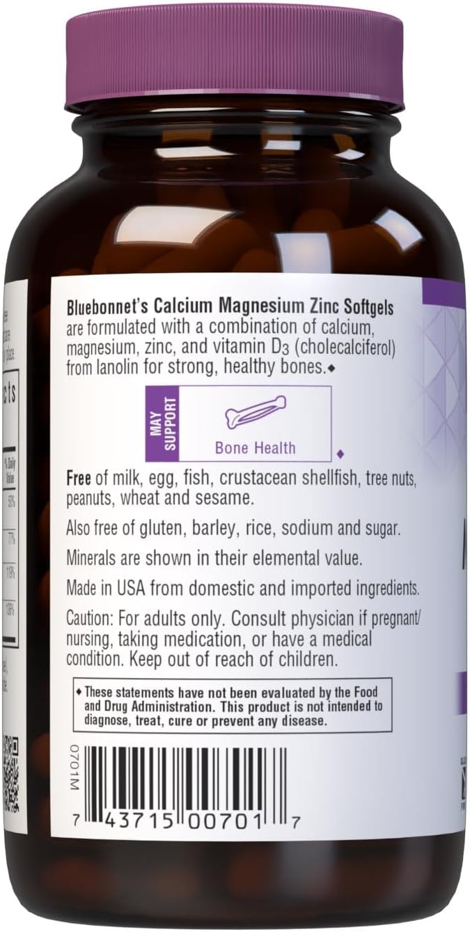 Bluebonnet Nutrition Calcium Magnesium Zinc Plus Vitamin D3, 1000 mg of Calcium, 500 mg of Magnesium and 15 mg of Zinc, 400IU Vitamin D3, For Strong Healthy Bones*, Gluten-Free, Dairy-Fee, 120 softgel | Third-party tested for purity and potency; manufact…