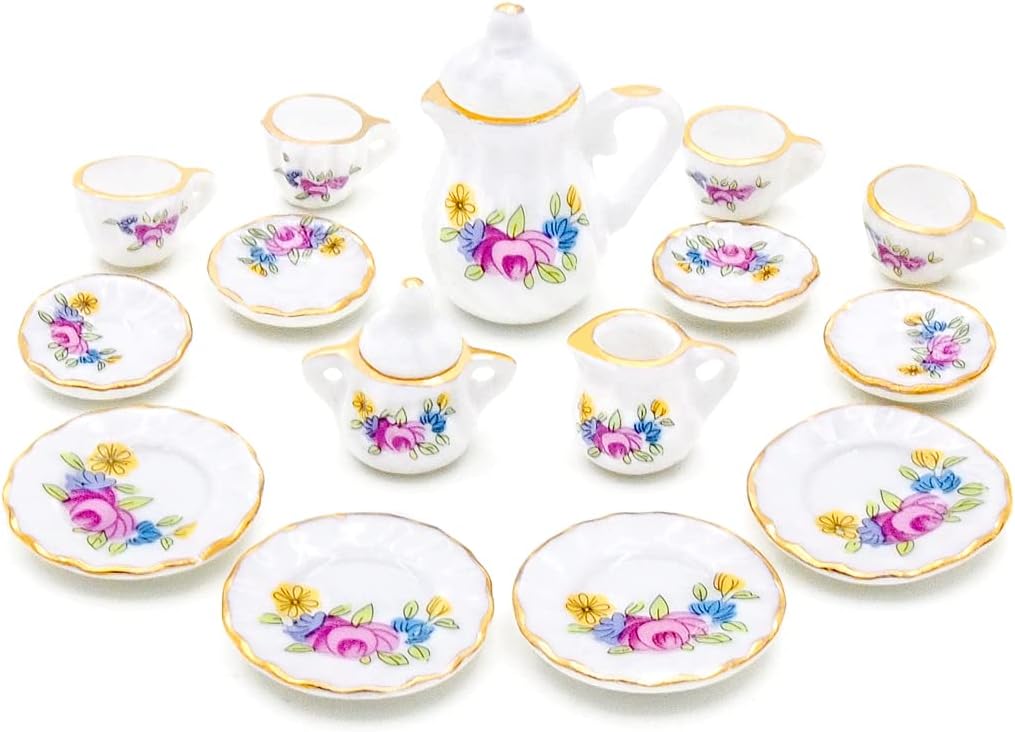 Odoria 1/12 Miniature Porcelain Tea Set 15Pcs Dollhouse Decoration Accessories, Grapes