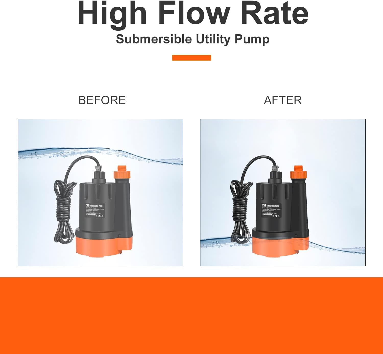 1/3 HP Submersible Water Pump, 2500GPH Utility Pump | Portable Electric Clean Water Drainage Pump for Pool Draining, Flooding
