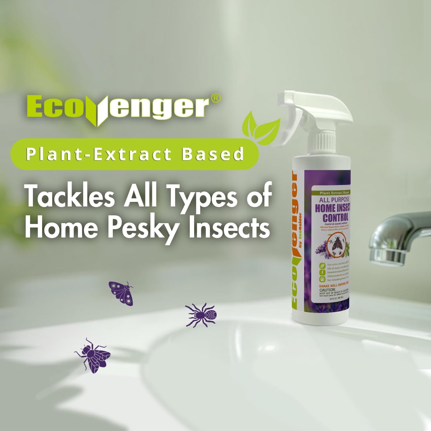 EcoVenger by EcoRaider All Purpose Insect Control 16 oz, Fleas, Fruit Flies, Gnats, Moths, Roaches, Spiders, Fast Kill, Lasting Prevention, Kill Eggs, Plant Extract Based & Non-Toxic, Child & Pet Safe