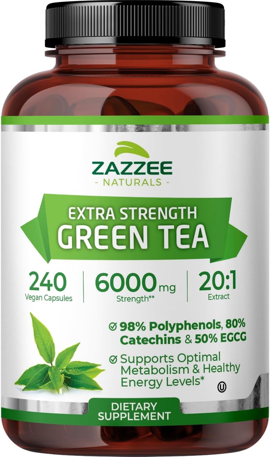 Zazzee Extra Strength Green Tea 20:1 Extract, 50% EGCG, 150 Vegan Capsules | 98% Polyphenols, 80% Catechins, 5 Month Supply, Certified Kosher, Antioxidant & Metabolism Support, Non-GMO, Made in the USA
